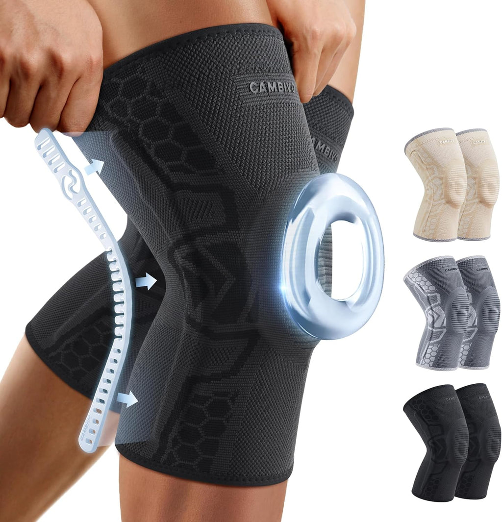 CAMBIVO Knee Brace Knee Sleeves with Patella Gel Pad and Side Stabilizers, 2-Pack

