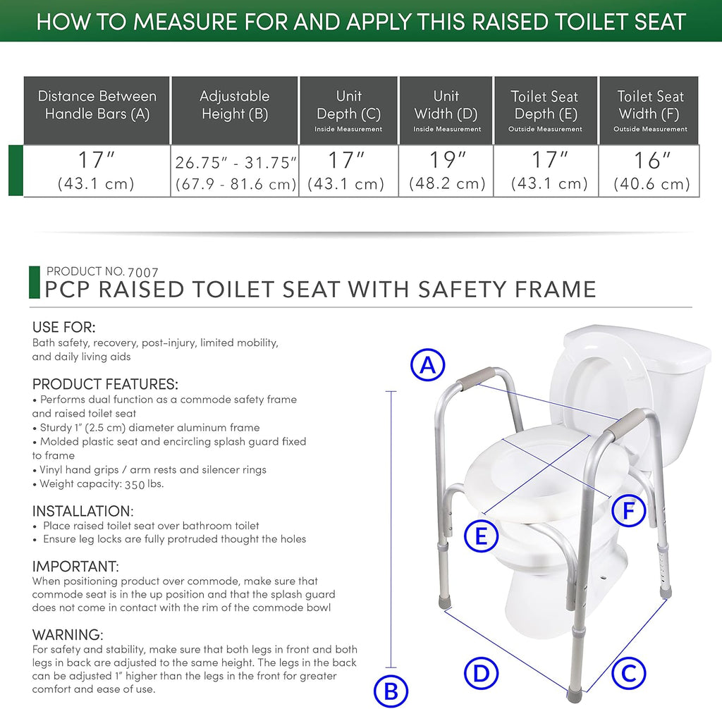 PCP Raised Toilet Seat with Safety Frame, Pre-Assembled Tool-Free, Adjustable Height

