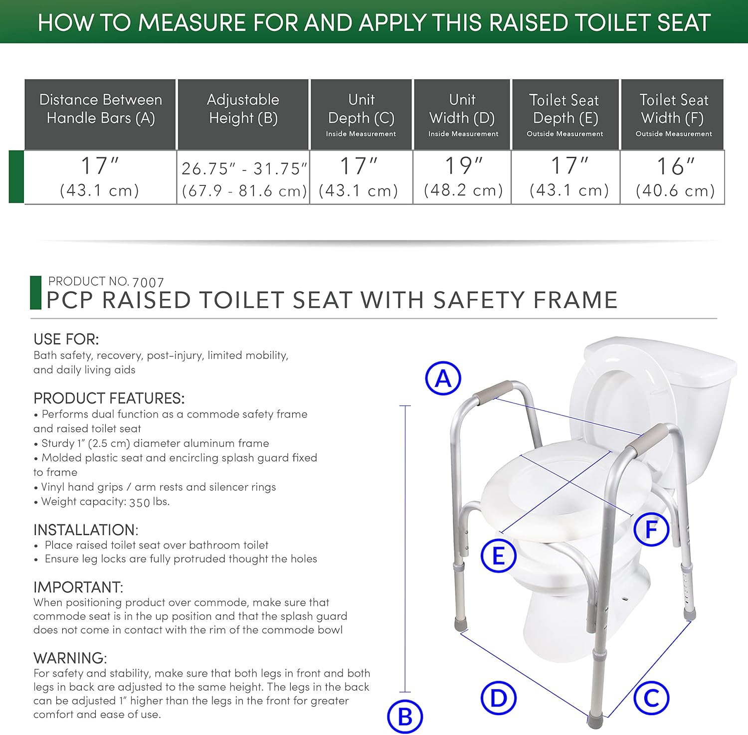 PCP Raised Toilet Seat with Safety Frame, Pre-Assembled Tool-Free, Adjustable Height

