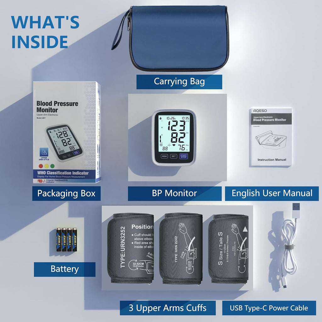 AQESO Upper Arm Blood Pressure Monitor, Automatic Digital BP Kit with 3 Cuffs

