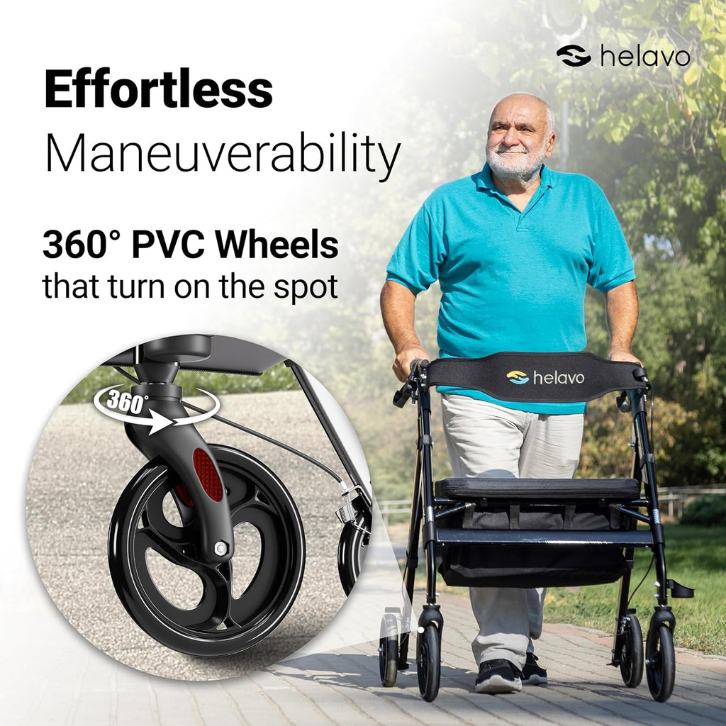 Helavo Bariatric Rollator Walker with Adjustable Seat, 8in Wheels, 550 lb Capacity

