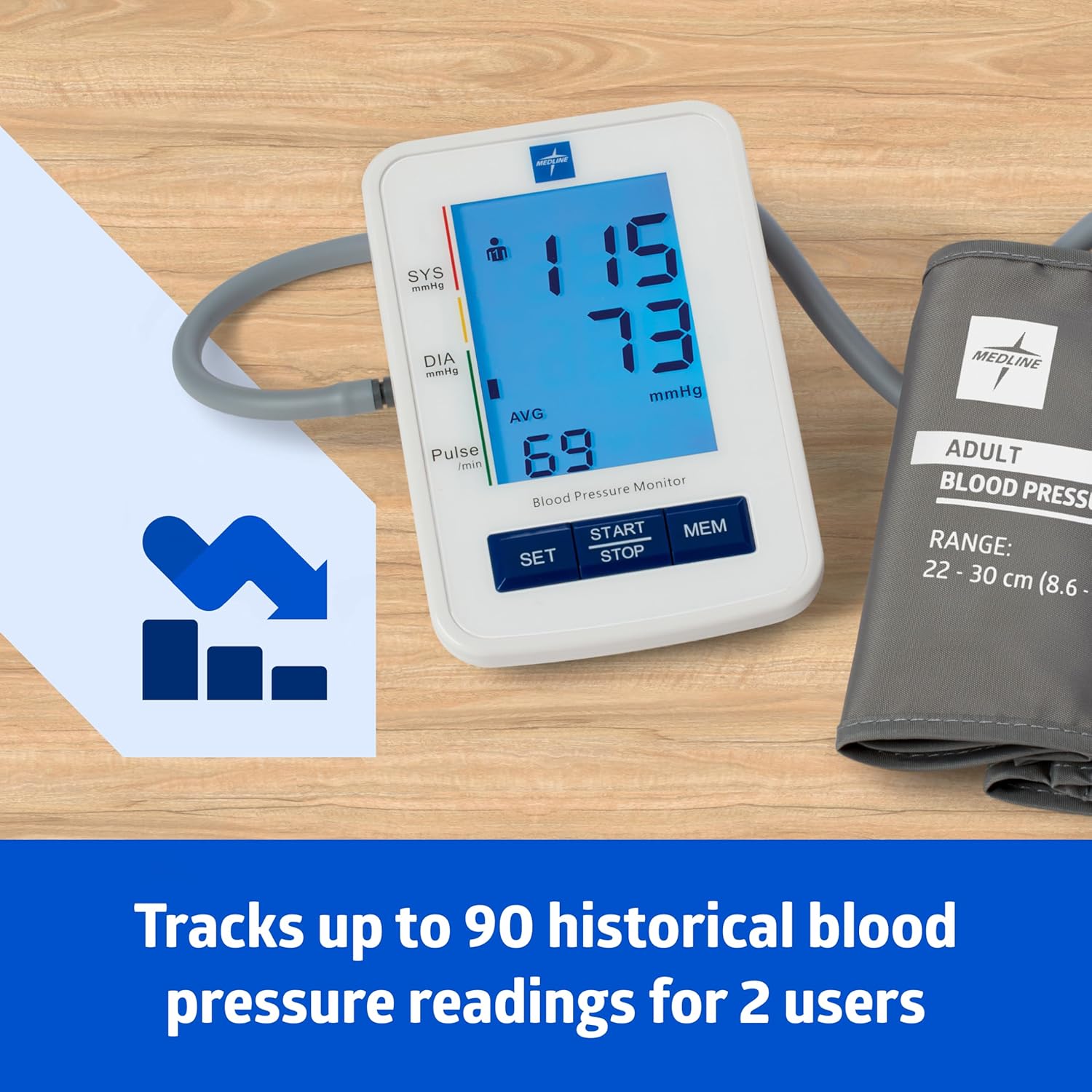 Medline Digital Blood Pressure Monitor with Upper Arm Cuff, LCD Display, 90 Readings

