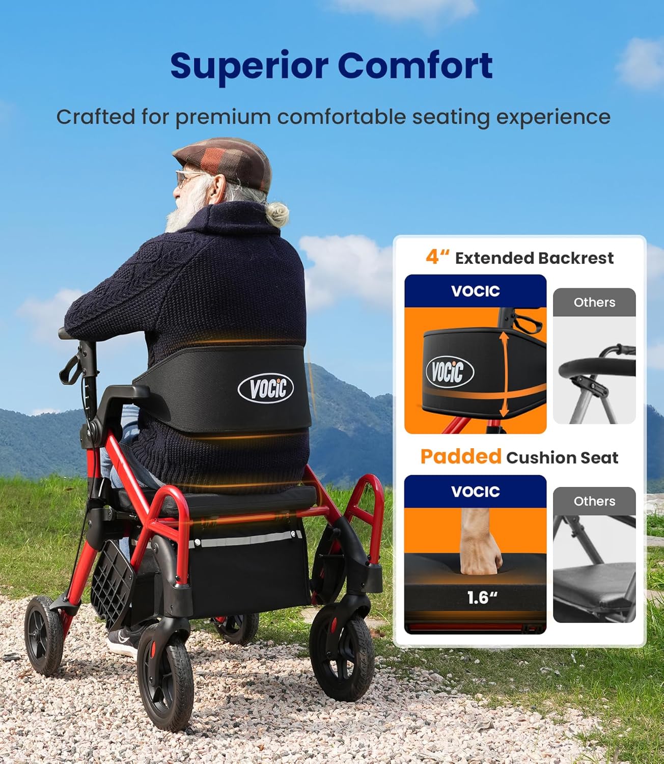 VOCIC 2-in-1 Walker Transport Wheelchair Rollator with Seat, Brakes, All-Terrain Wheels

