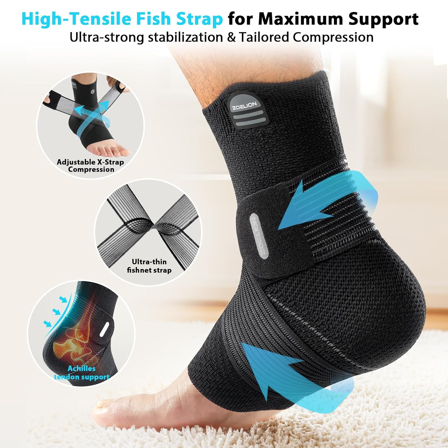 ZOELION Ankle Brace Compression Sleeve with Removable Fishnet Strap for Plantar Fasciitis

