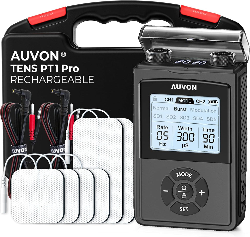 AUVON Rechargeable TENS Unit Muscle Stimulator with 8 Modes, 6 Pads, Carry Case

