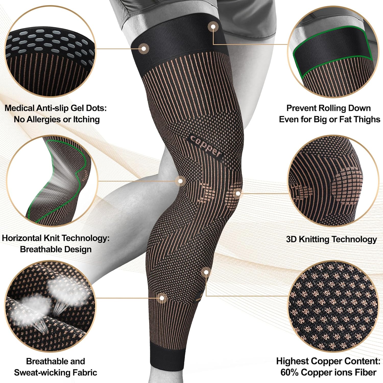 NEENCA Compression Leg Sleeve, Ion-Infused Full Leg Support for Knee Pain Relief

