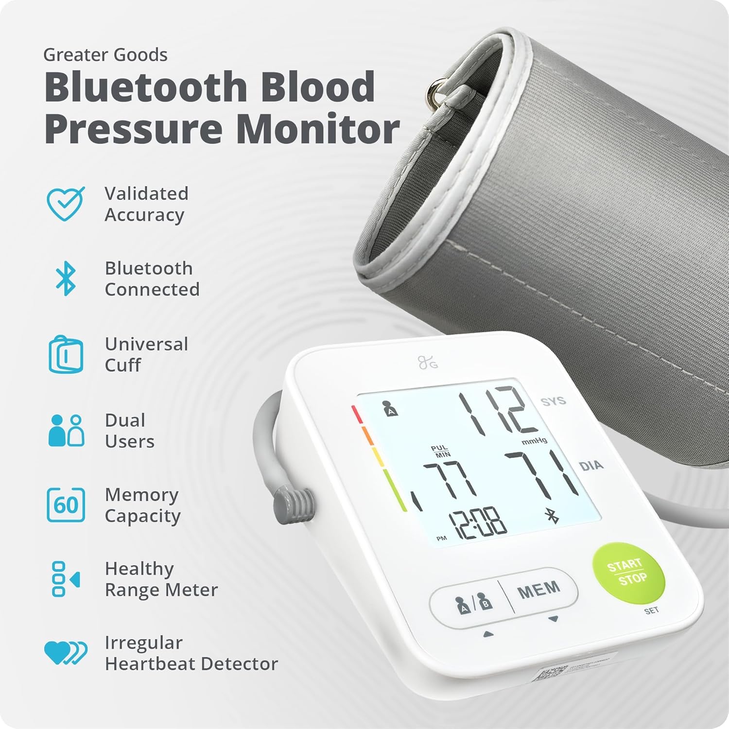 Greater Goods Automatic Bluetooth Upper Arm Blood Pressure Monitor with Wide Cuff 22–42 cm

