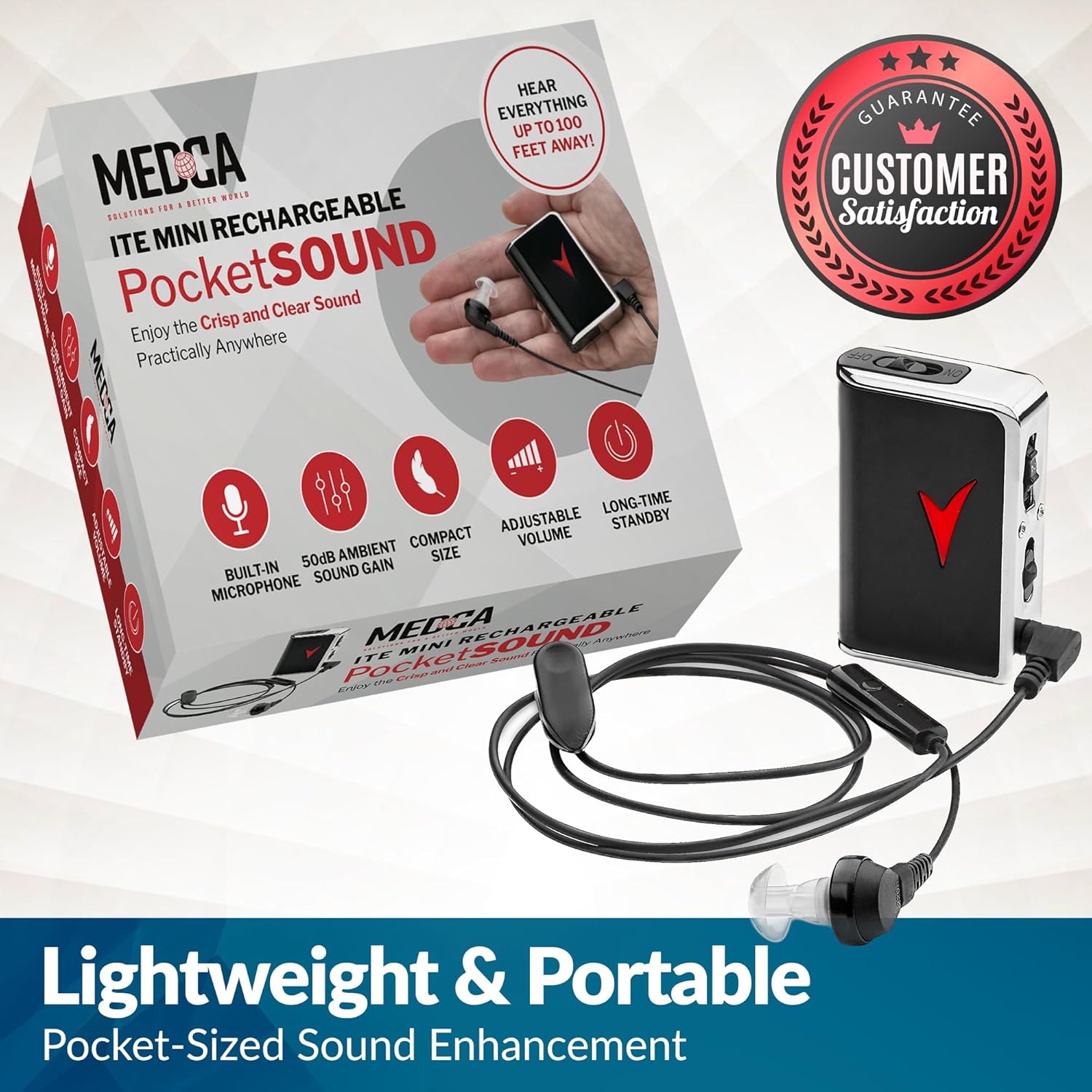 MEDca Personal Sound Amplifier Voice Enhancer, 50 dB Gain, up to 100 ft

