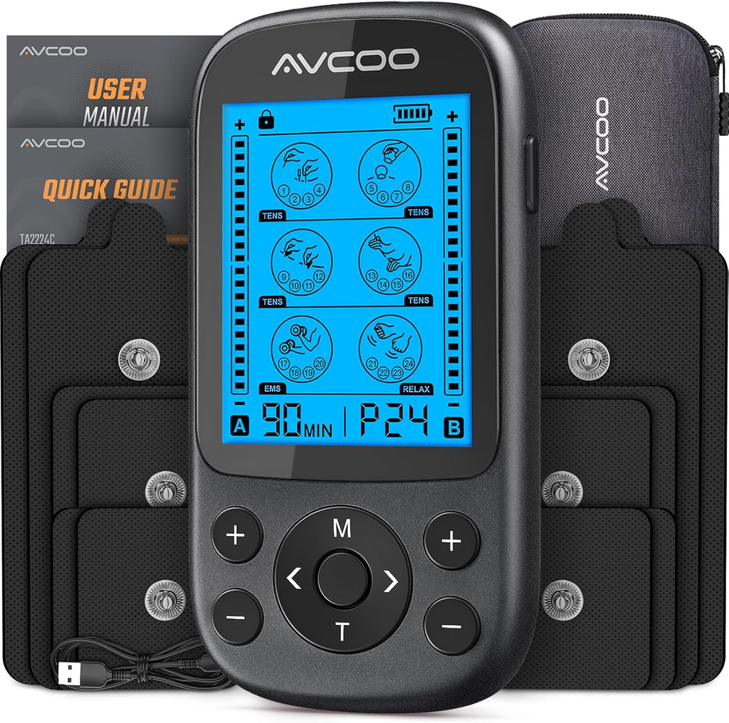 AVCOO 3-in-1 TENS Unit EMS Muscle Stimulator with 24 Modes, Portable Pain Relief

