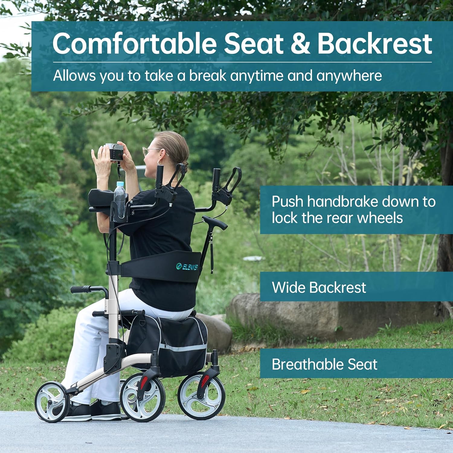 ELENKER Upright Walker Rollator with Folding Seat Backrest and 10 in Wheels

