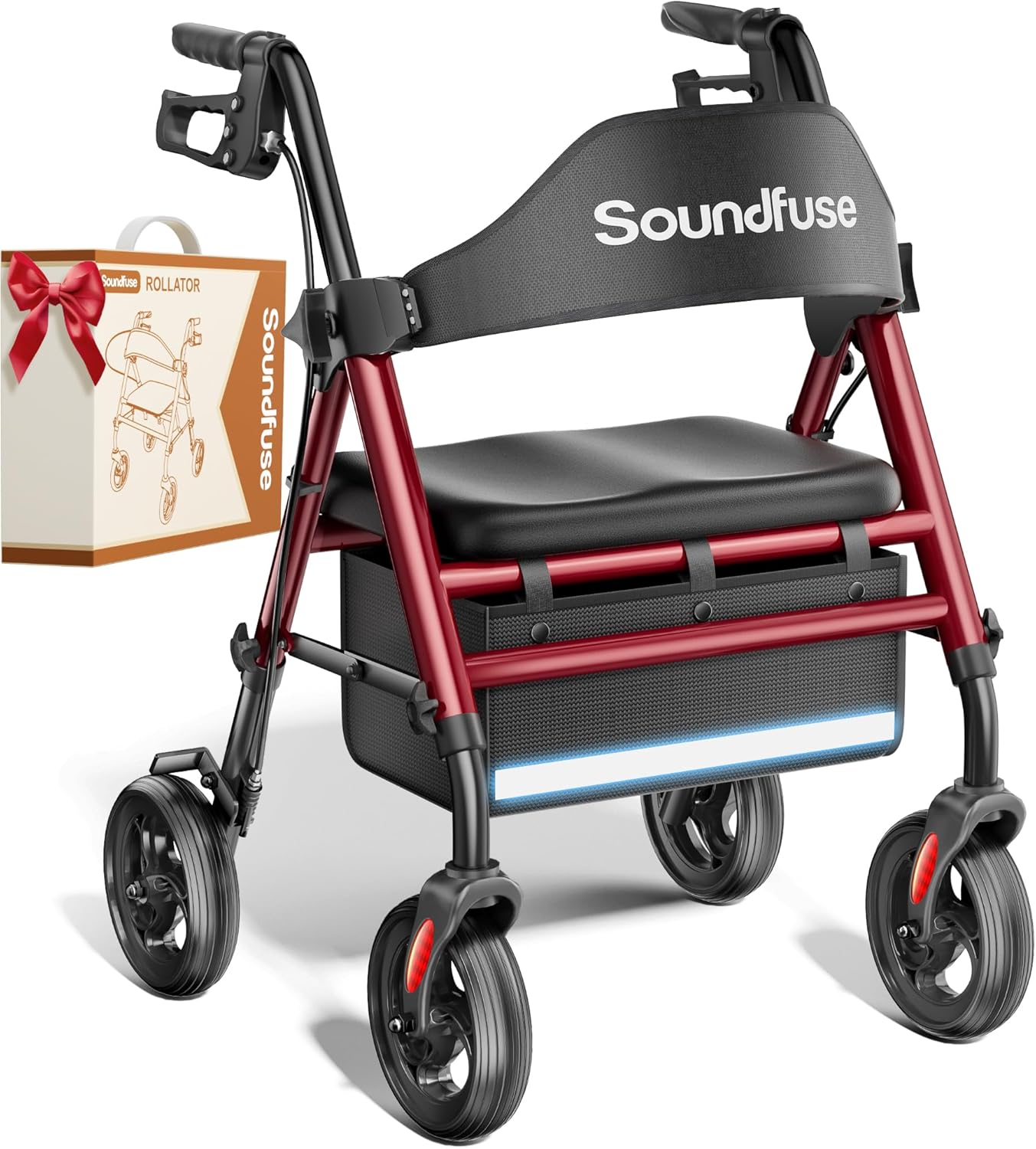 SOUNDFUSE Rollator Walker with Seat, All-Terrain 8 in Wheels, Height Adjustable Foldable

