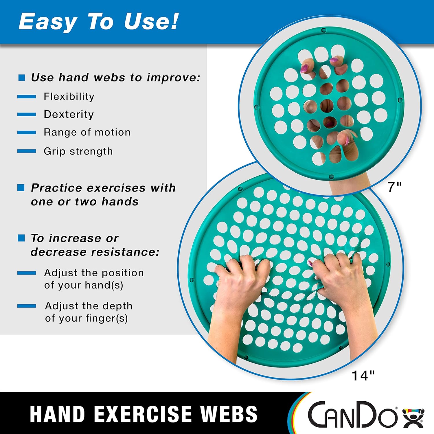 CanDo Hand Exercise Web Therapy Device for Grip Strengthening, Portable, Low Powder

