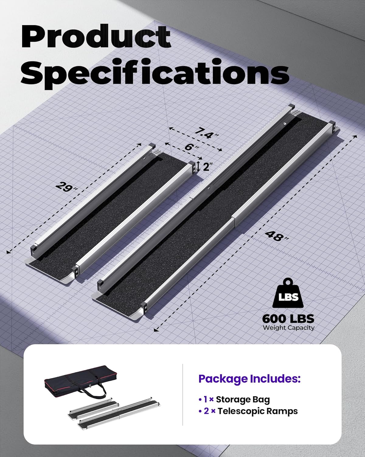 Adjustable Telescoping Wheelchair Ramp for Steps, Portable Aluminum Anti-Slip Ramp

