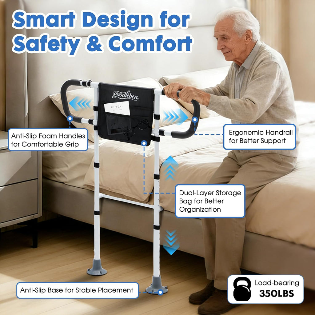Bed Assist Rail for Seniors Safety, Floor Support, Non-Slip Handle, Storage Pocket

