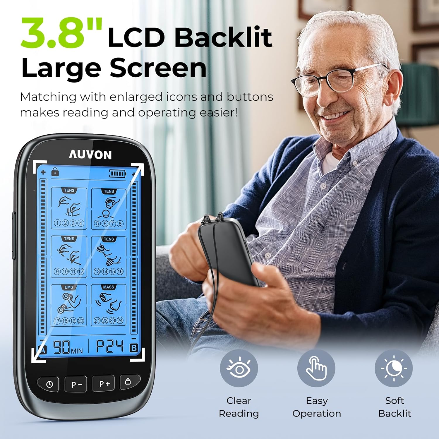 AUVON 3-in-1 TENS EMS Relax Muscle Stimulator for Pain Relief Therapy

