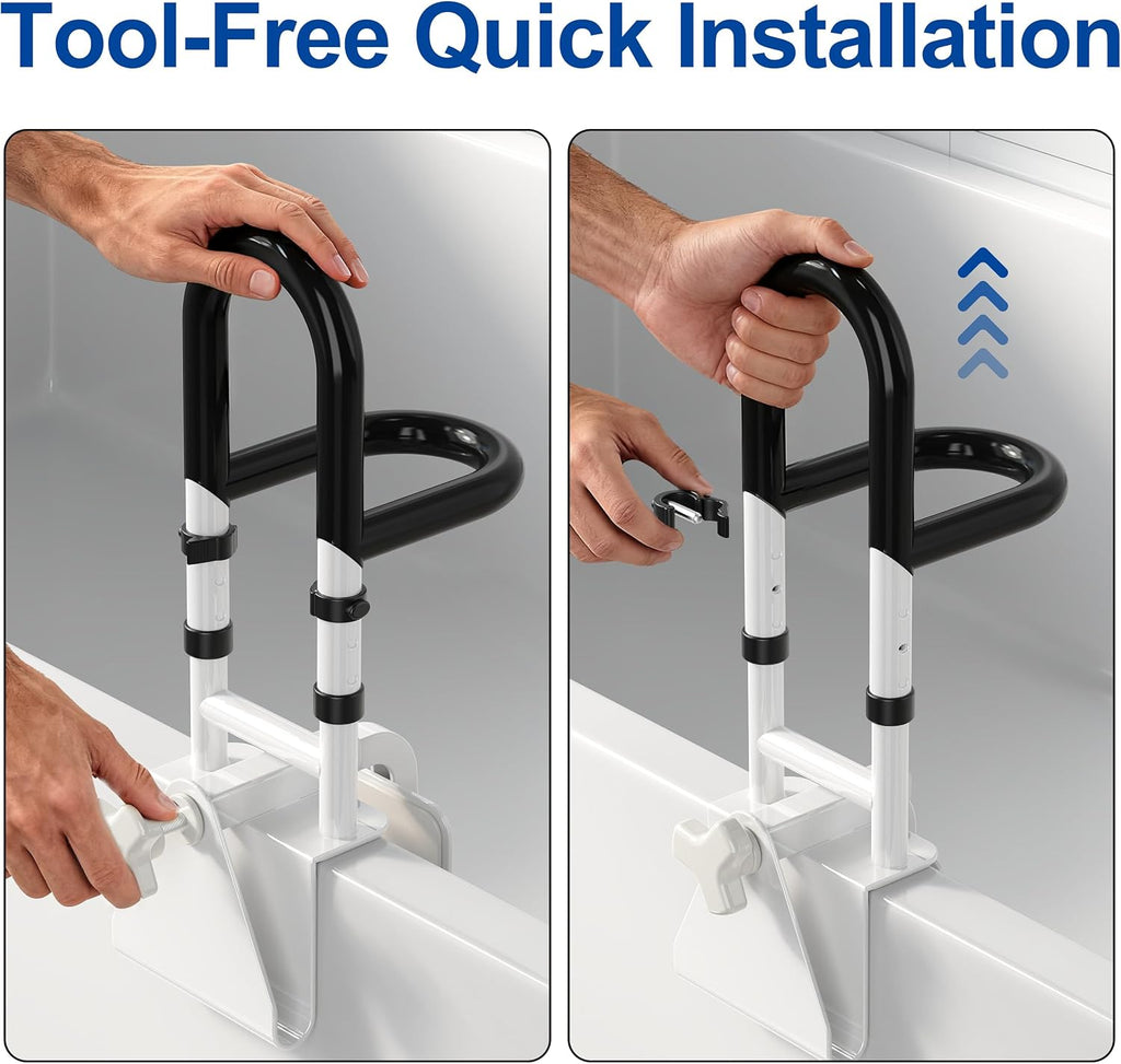 Adjustable Bathtub Safety Rail Clamp-On Shower Grab Bar, Non-Slip Dual Handles

