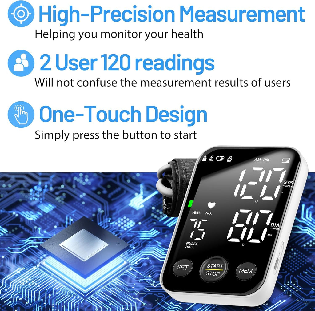 Upper Arm Blood Pressure Monitor Kit, Adjustable Cuff, LED Backlit Display, 2 Users

