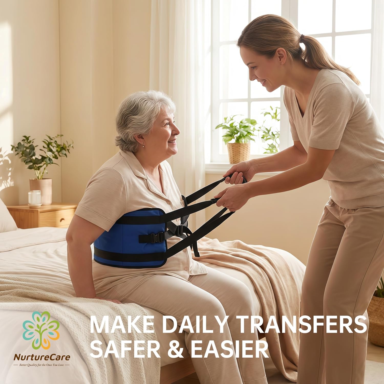 NurtureCare Transfer Sling with Metal Buckle, Reinforced Handles and Bed-Rail Attachment

