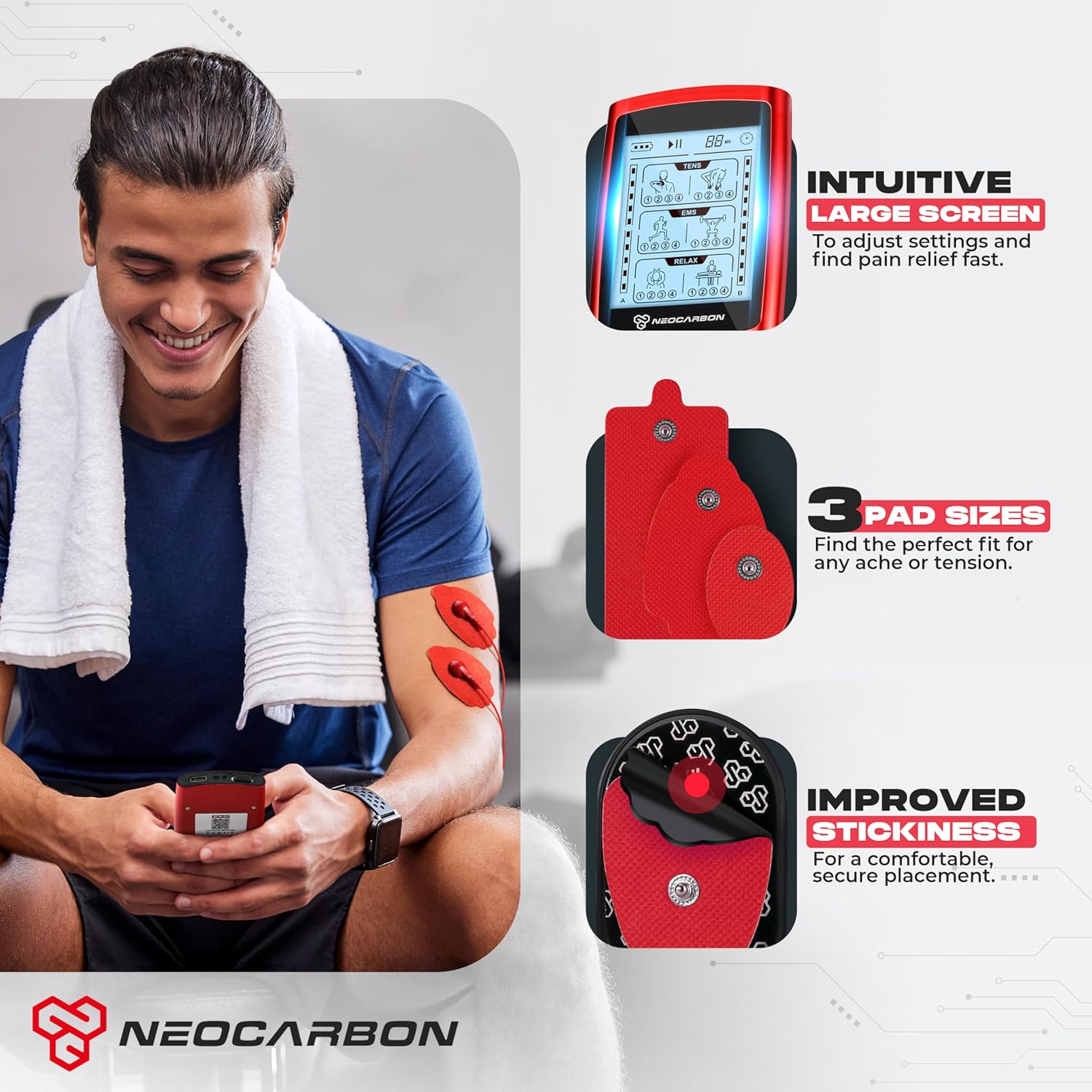 NEOCARBON TENS EMS Muscle Stimulator Device with Electrode Pads, Rechargeable

