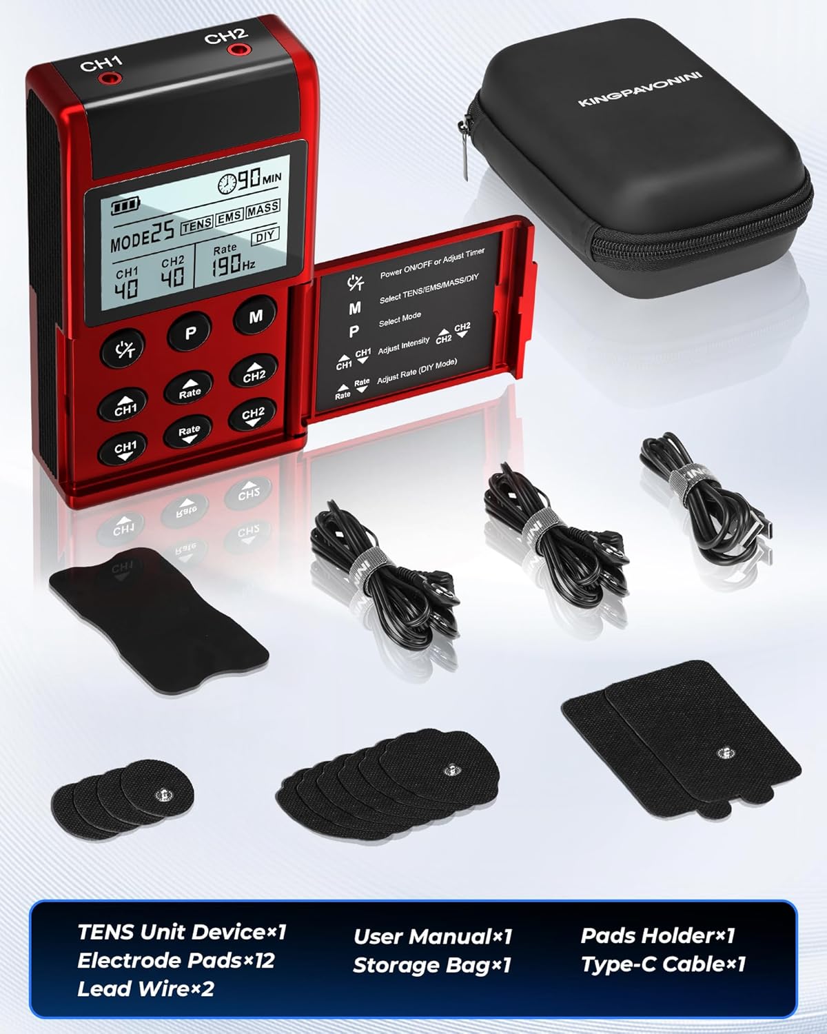 KingPavonini 4-in-1 TENS EMS Muscle Stimulator with Dual Channel and 12 Pads (B2501)

