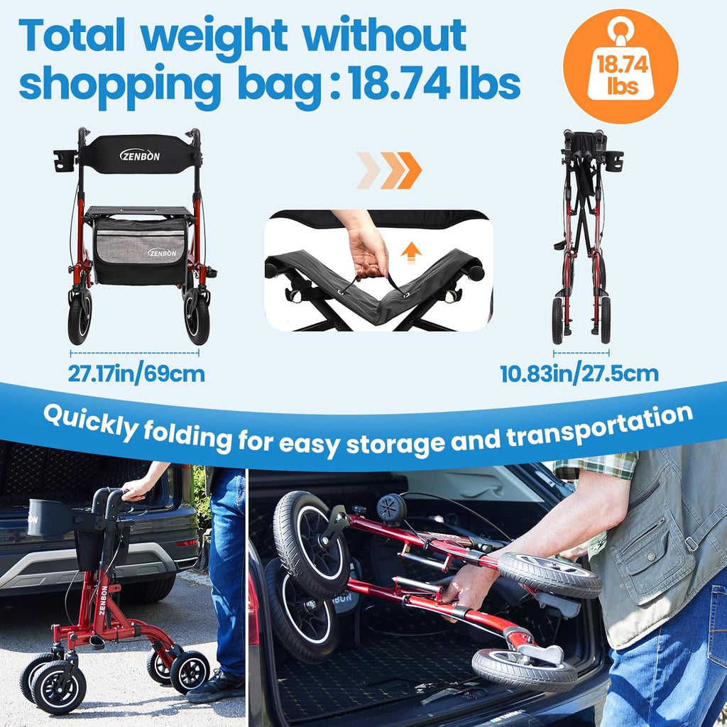 Foldable Rollator Walker with Seat, Adjustable Aluminum Mobility Aid, 330 lb Capacity

