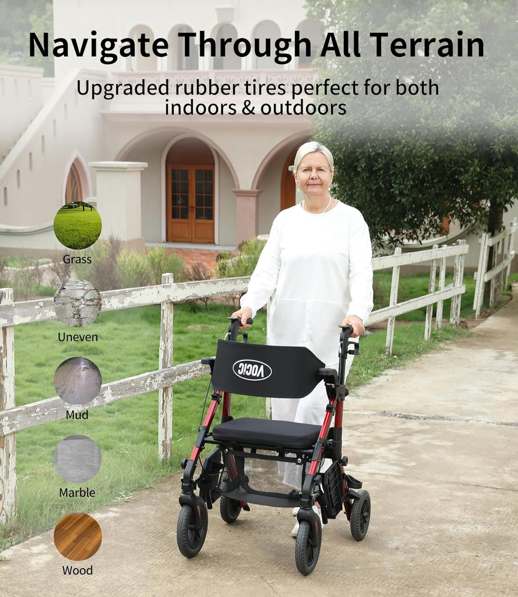 VOCIC 2-in-1 Rollator Walker Transport Chair with Seat, Foldable Brakes

