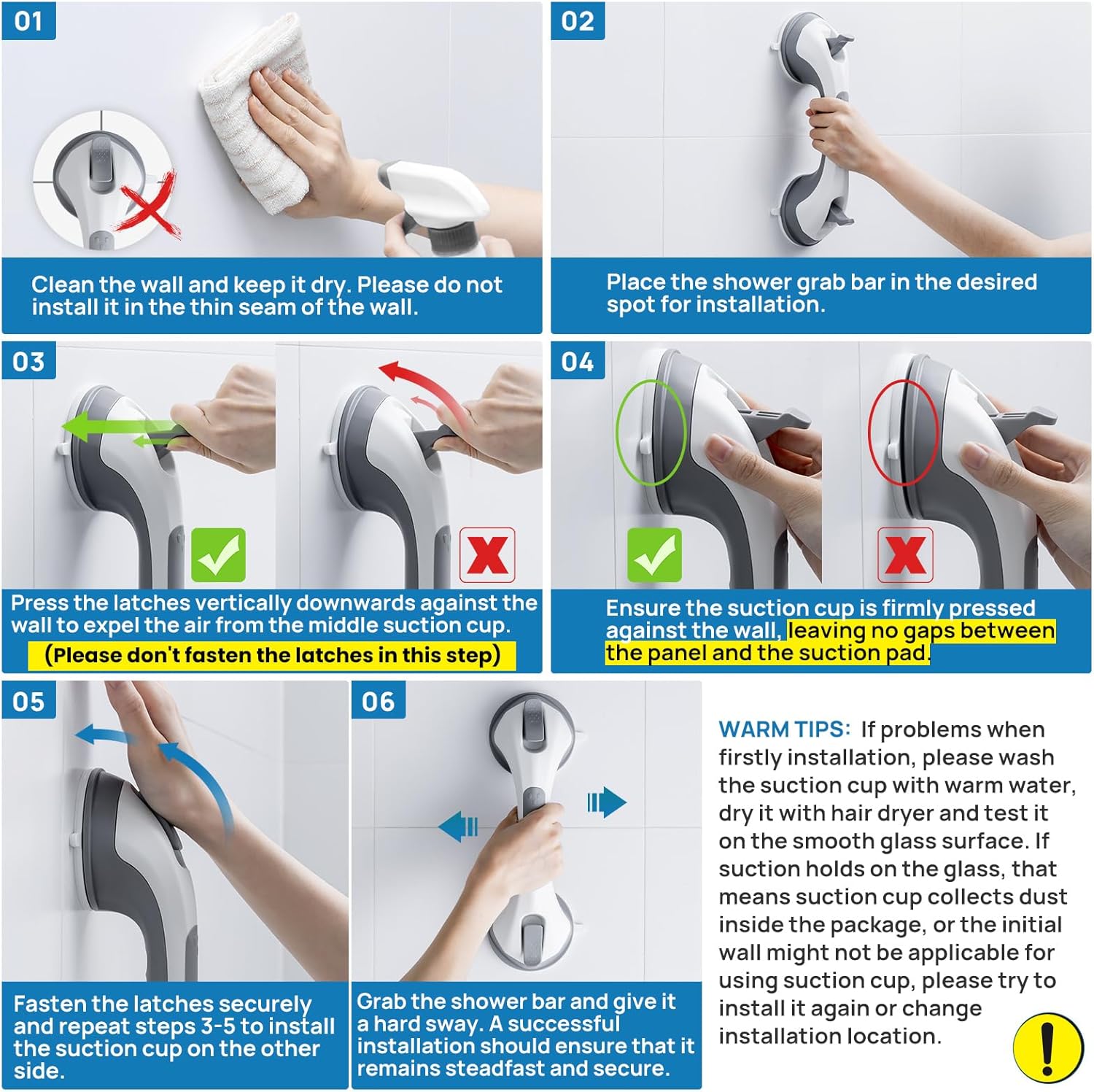 LEVERLOC Grab Bars for Bathtubs and Showers Suction 12 Inch Shower Handle

