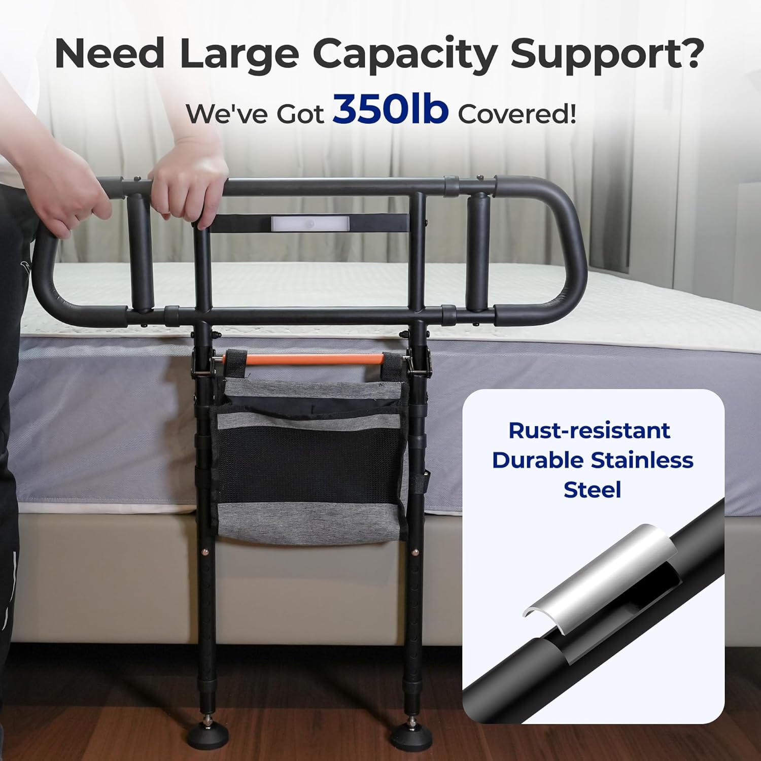 Bed Safety Assist Rail for Elderly Adults with Adjustable Height and LED Night Light

