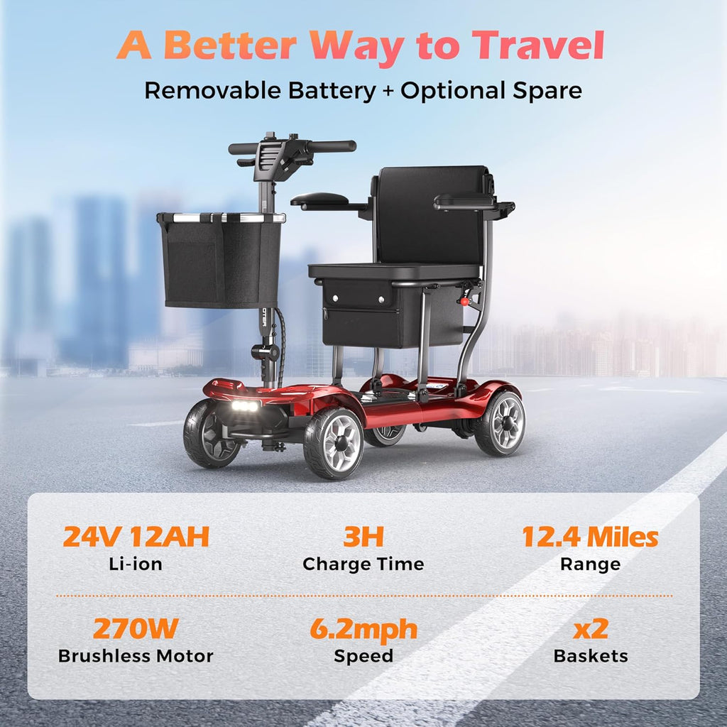 Lightweight Foldable Mobility Scooter for Adults, 4-Wheel Motorized, 300 lb

