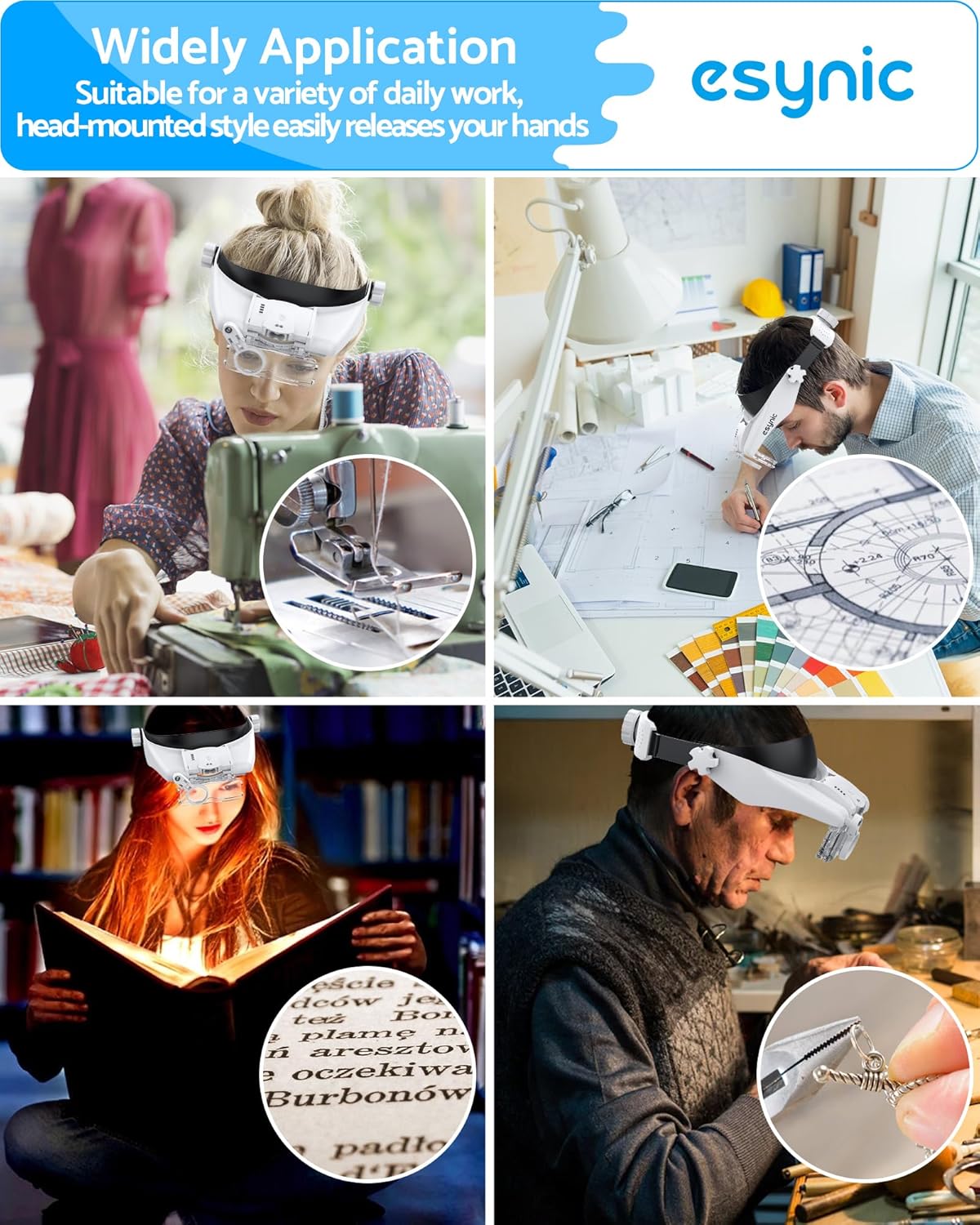 eSynic Comfort-Fit LED Head Magnifier 1.5X–13X with Adjustable Headband


