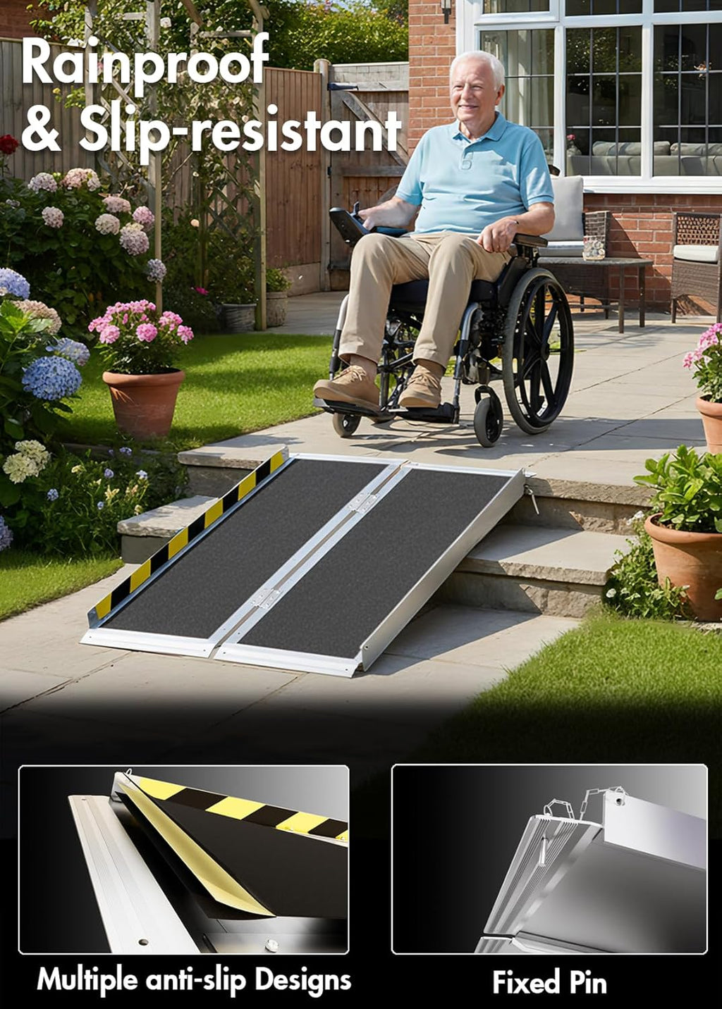 Portable Folding Aluminum Wheelchair Ramp, Non-Slip Threshold Ramp for Steps

