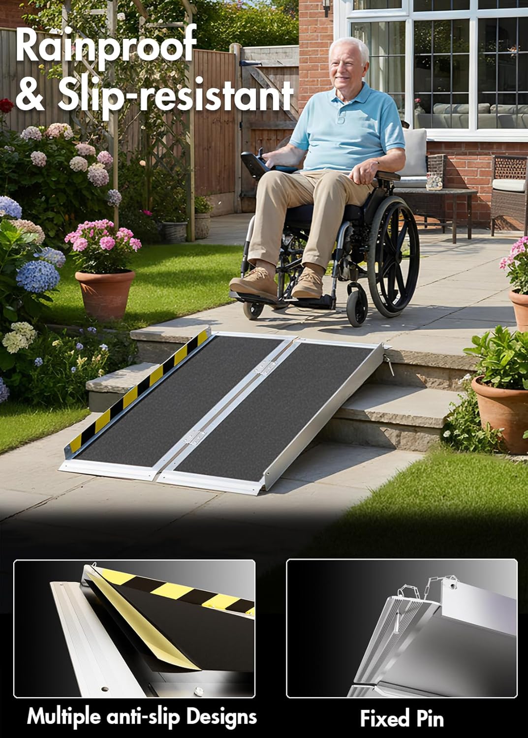 Portable Folding Aluminum Wheelchair Ramp, Non-Slip Threshold Ramp for Steps

