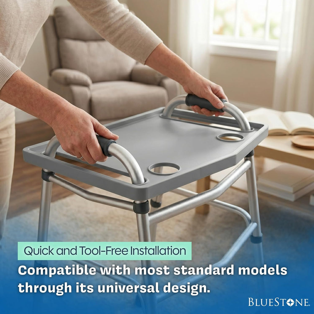 Bluestone Walker Tray Upright with Holders for Folding Walkers, Cup Holders

