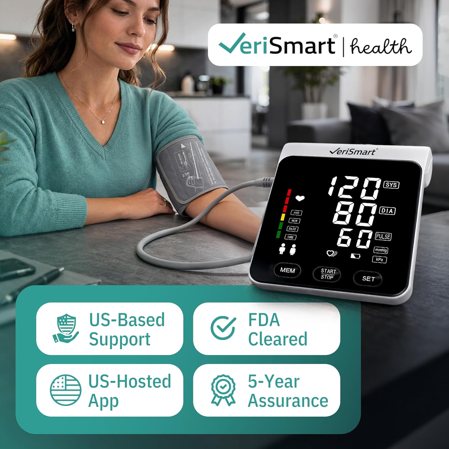 VeriSmart Health Smart Upper Arm Blood Pressure Monitor with Bluetooth, LED Display

