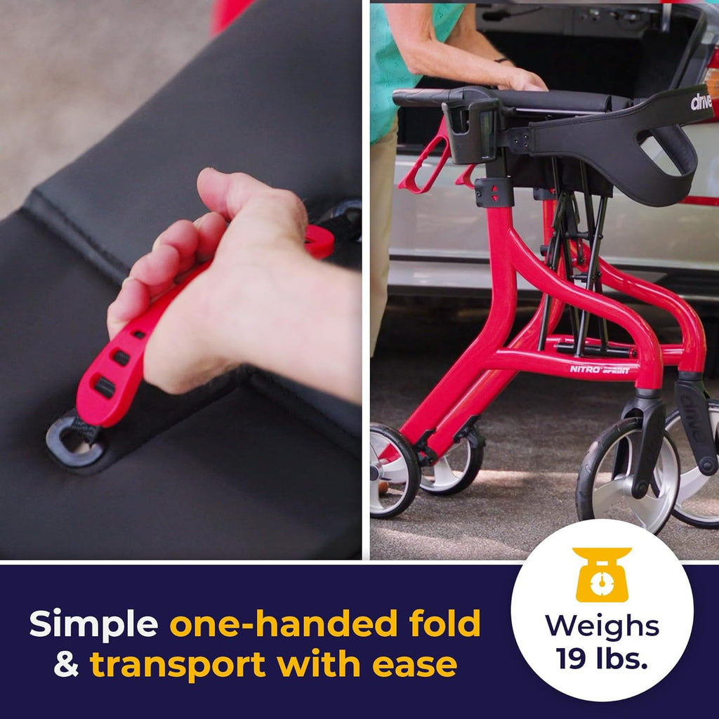 Drive Medical Nitro Sprint Foldable Rollator Walker with Seat, Large Wheels

