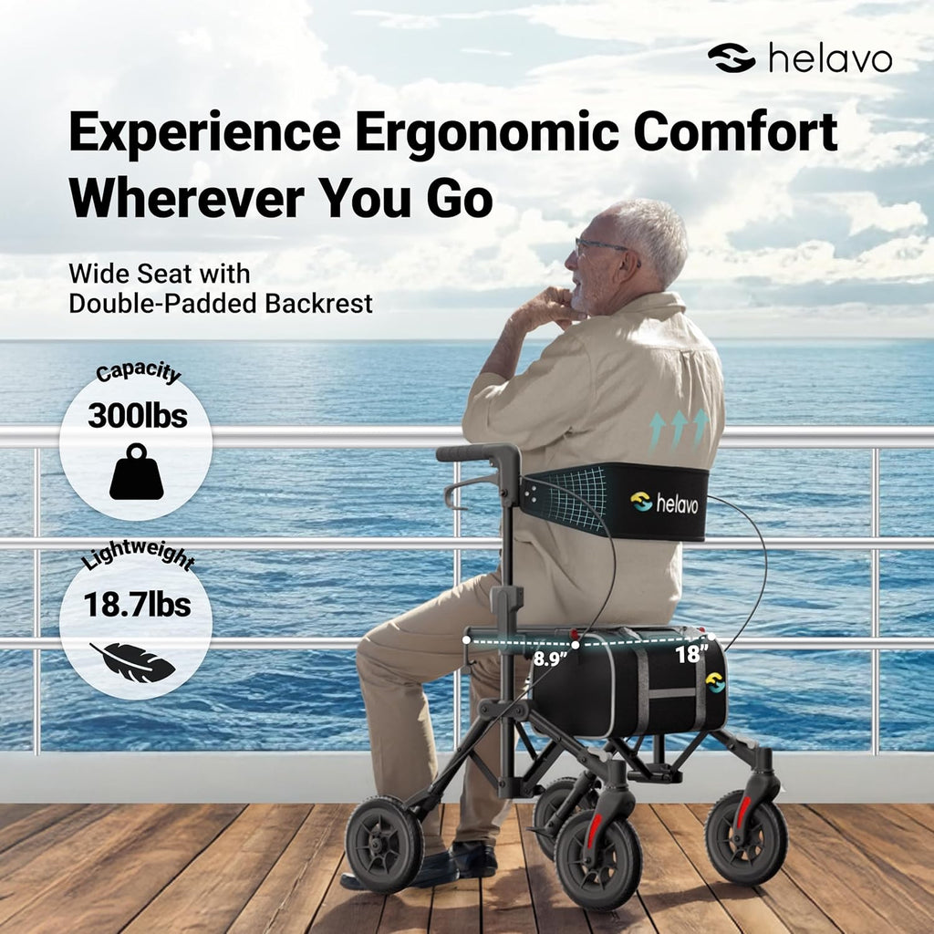 Helavo Ultra-Compact Rollator Walker with Seat, Double-Fold, 8 in Rubber Wheels

