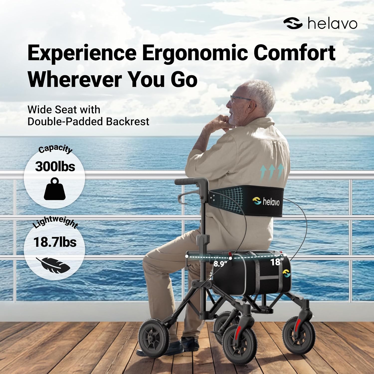 Helavo Ultra-Compact Rollator Walker with Seat, Double-Fold, 8 in Rubber Wheels

