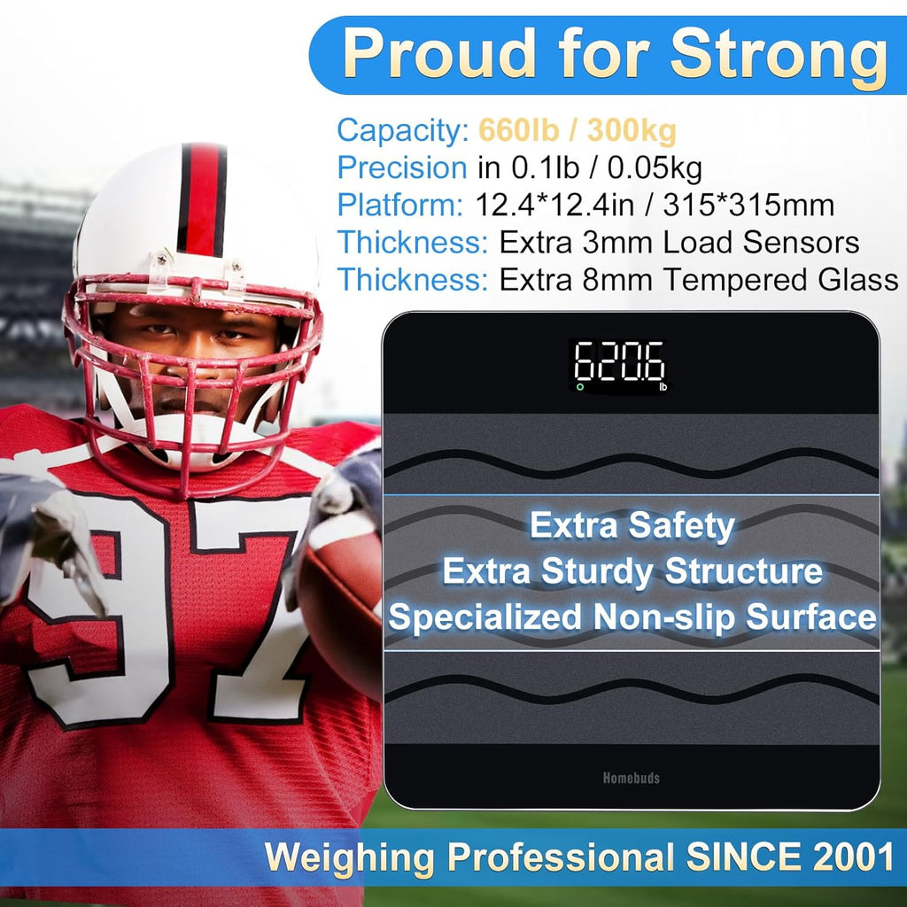 Homebuds 660 lb digital weight monitor with BMI, 0.1 lb precision, tempered glass

