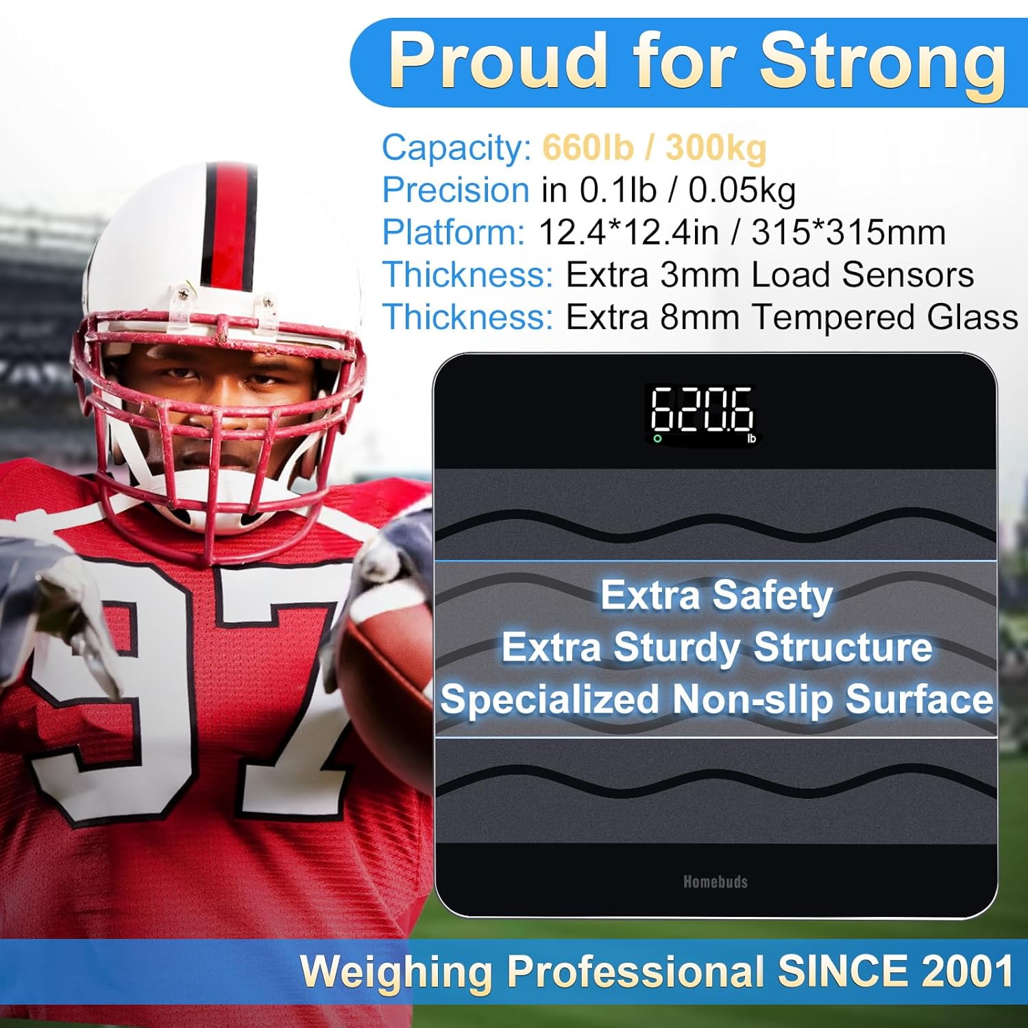 Homebuds 660 lb digital weight monitor with BMI, 0.1 lb precision, tempered glass

