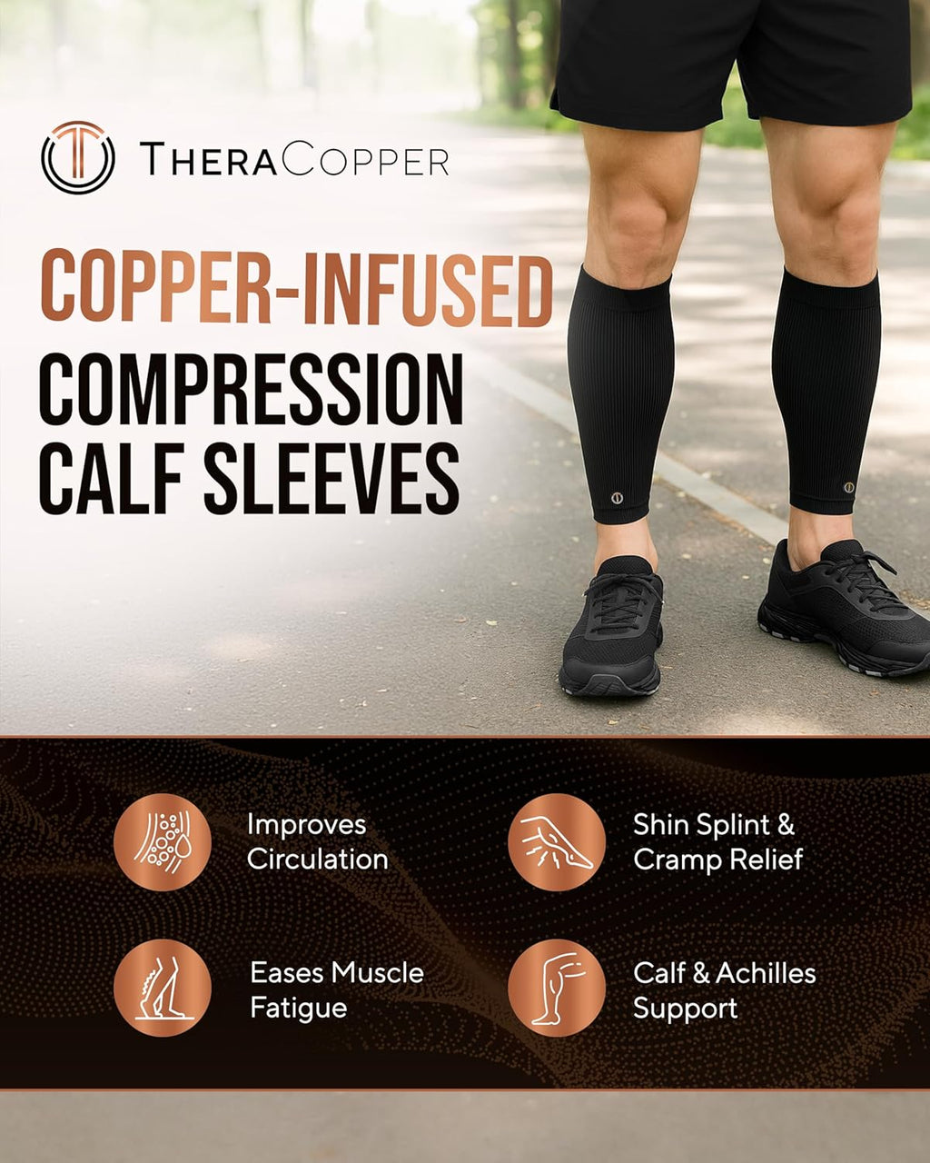 TheraCopper Copper Calf Compression Sleeve, Breathable Non-Slip Leg Support

