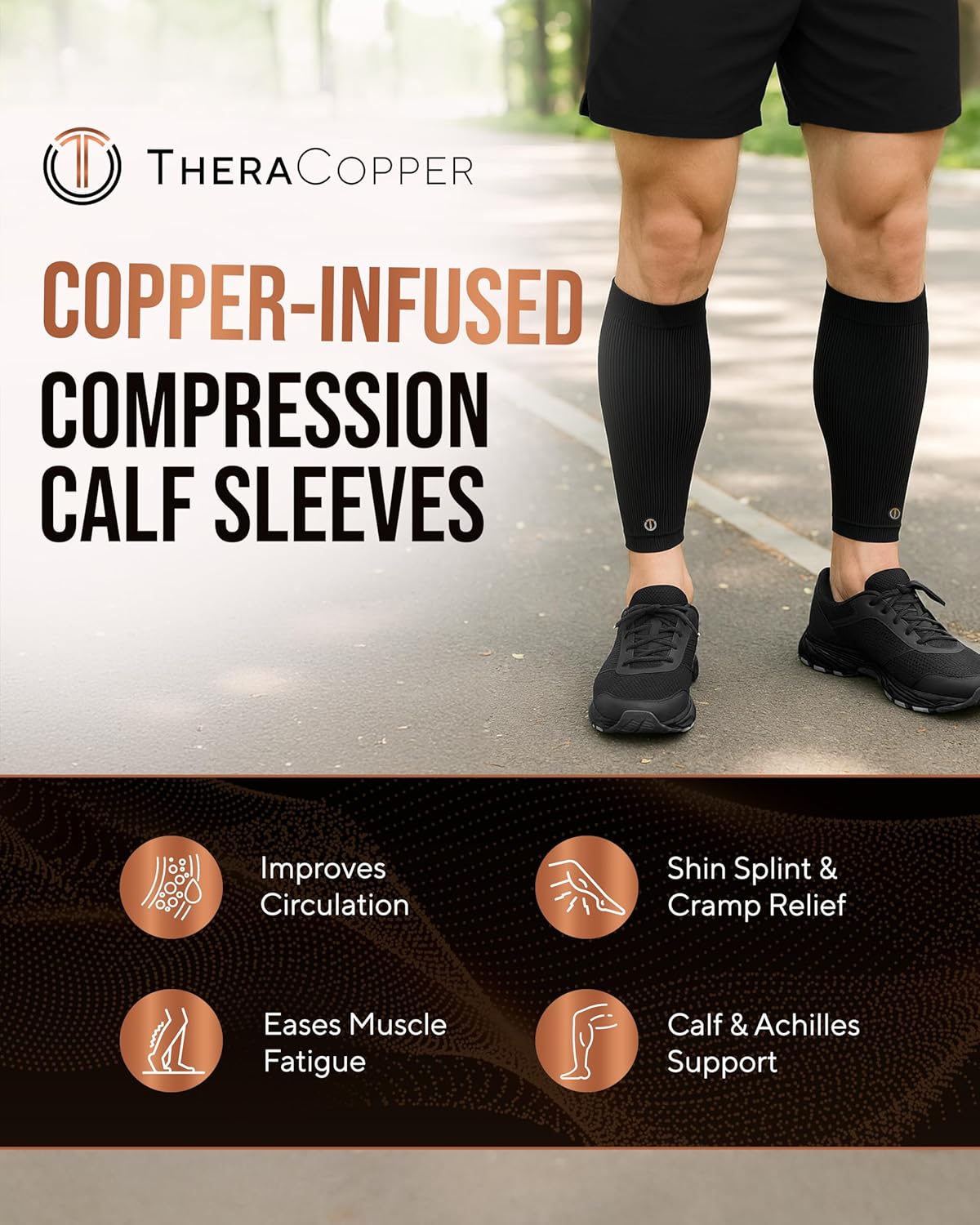 TheraCopper Copper Calf Compression Sleeve, Breathable Non-Slip Leg Support

