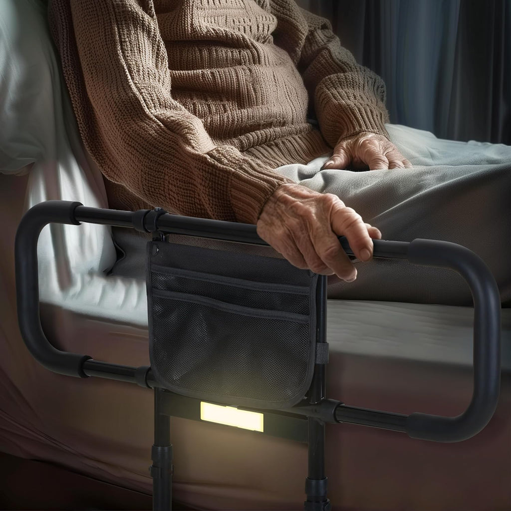 Bed Rails for Elderly Adults with Motion Sensor Light, Non-Slip Handles, Storage Bag

