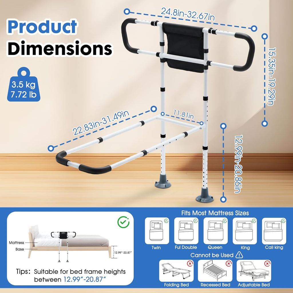 Bed Assist Rail for Seniors Safety, Floor Support, Non-Slip Handle, Storage Pocket

