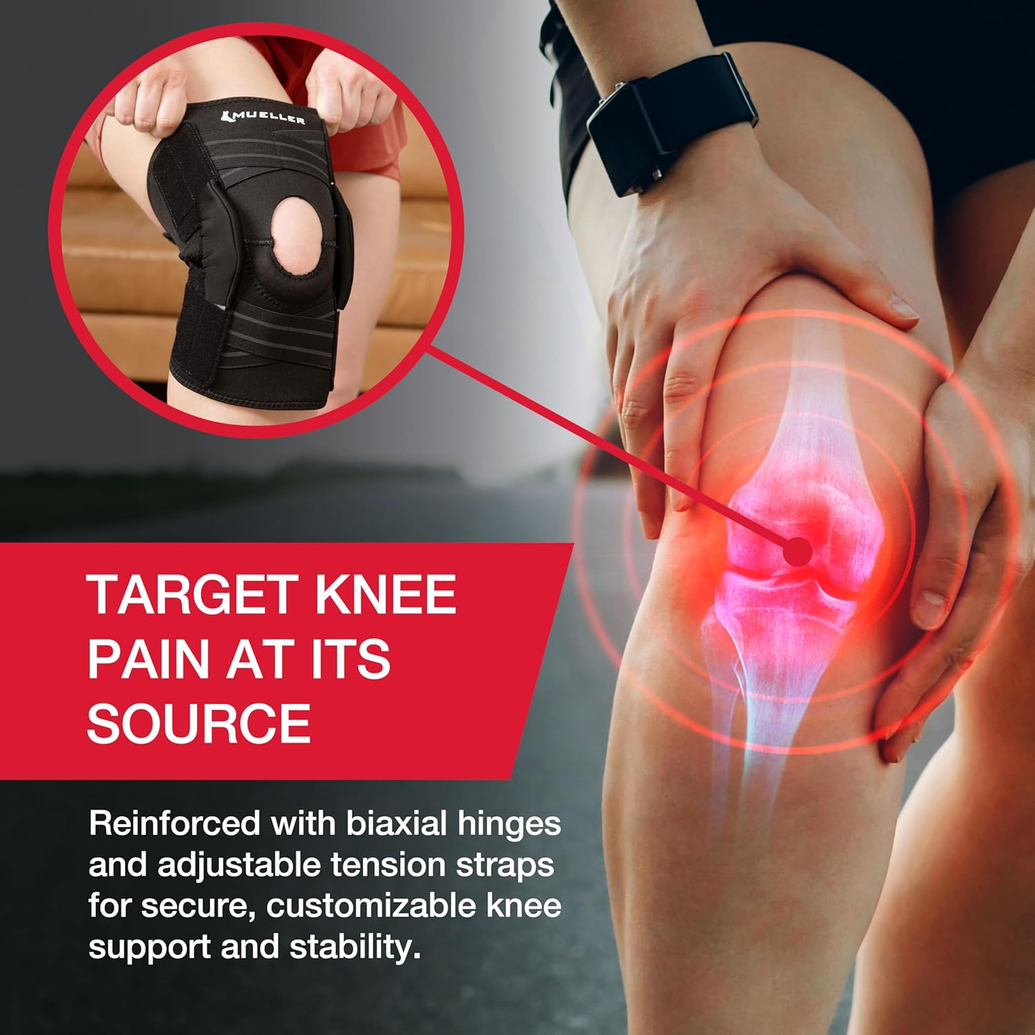 Mueller Hinged Knee Support Self-Adjusting for Compression and Pain Relief, Men/Women

