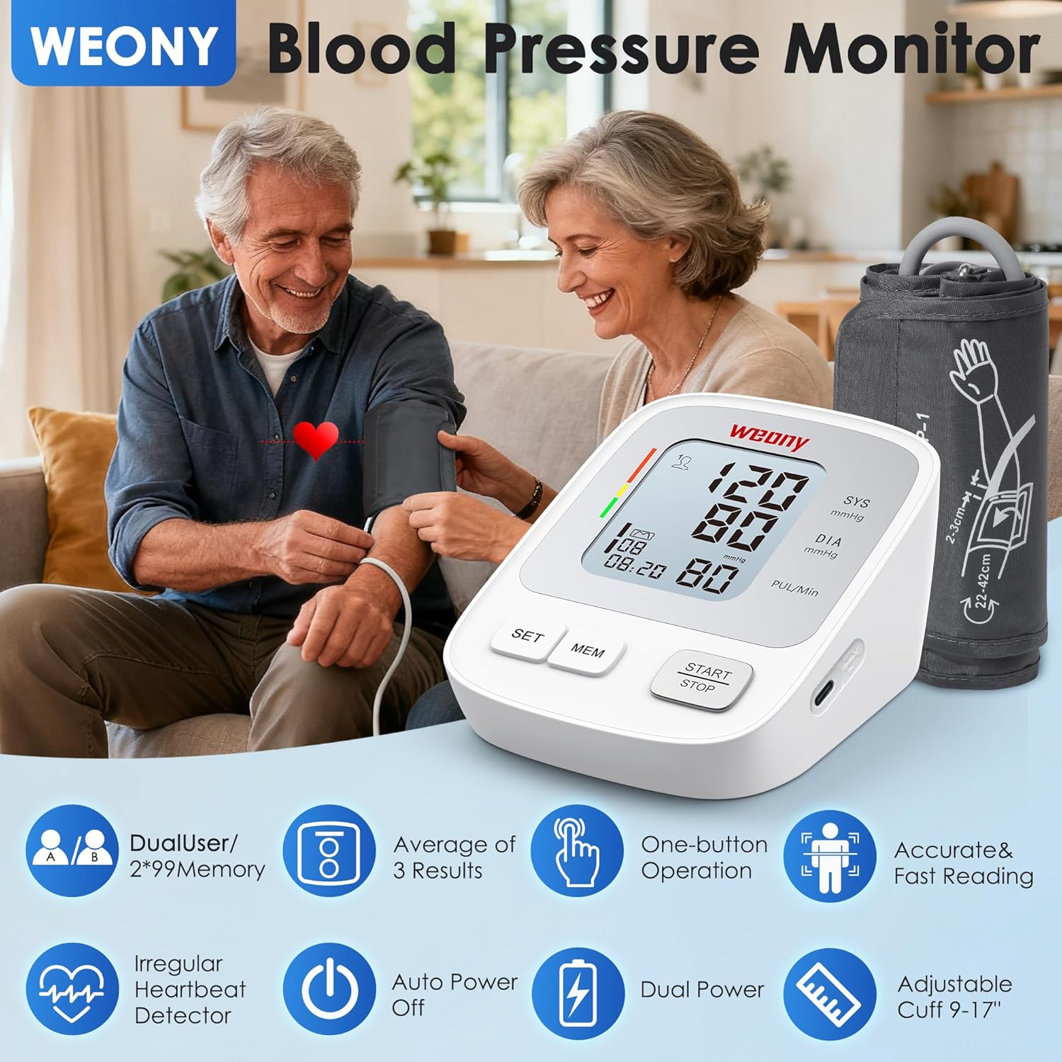 Weony Upper Arm Digital Blood Pressure Monitor for Home Use, Adjustable Cuff

