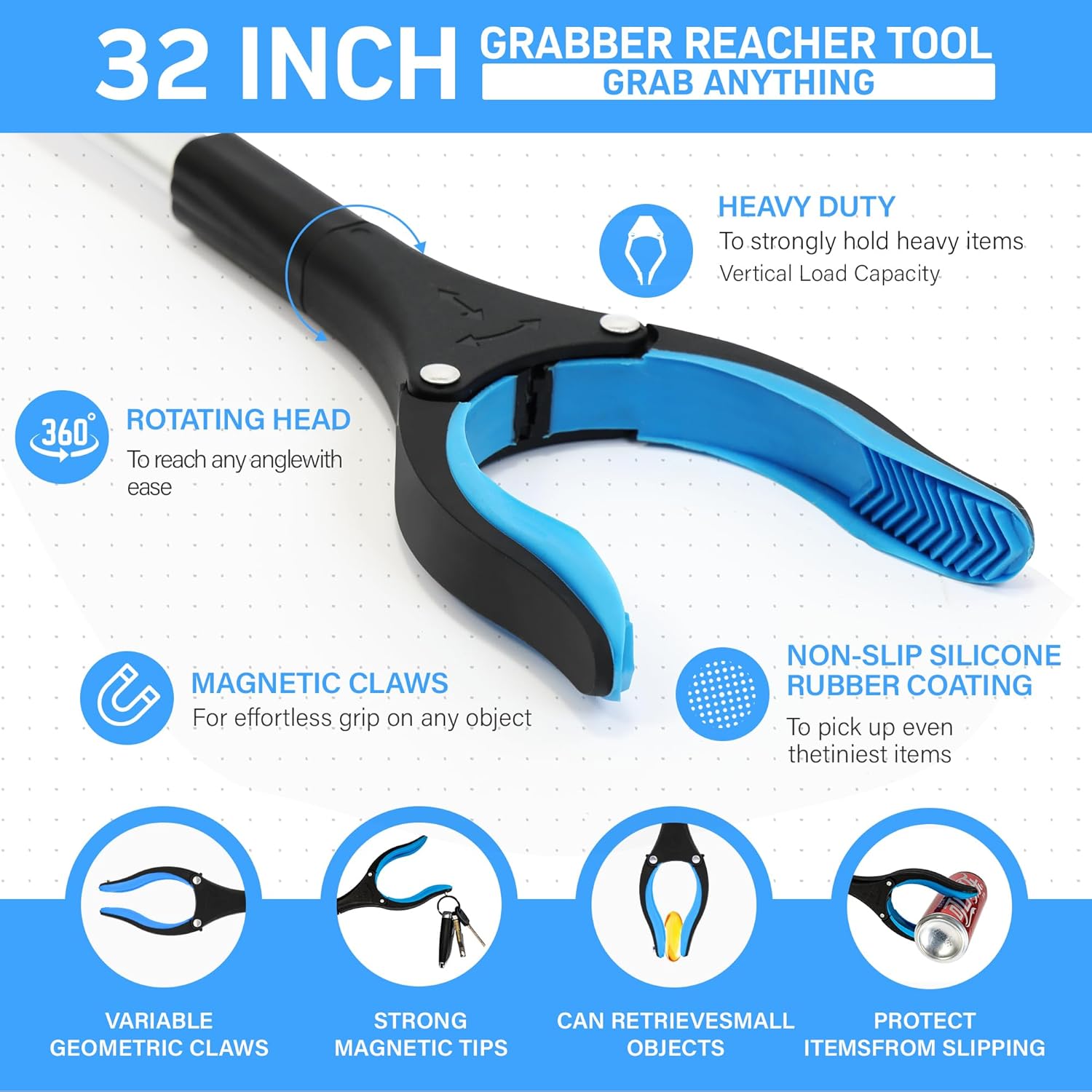 32 in Grabber Reacher Tool with Magnetic Tip, Foldable Pickup Grabber

