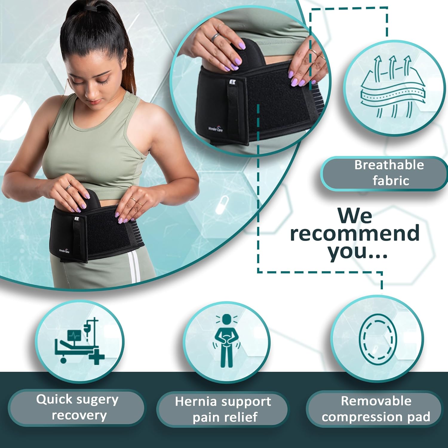 Wonder Care Umbilical Hernia Support Belt Abdominal Binder with Removable Compression Pad

