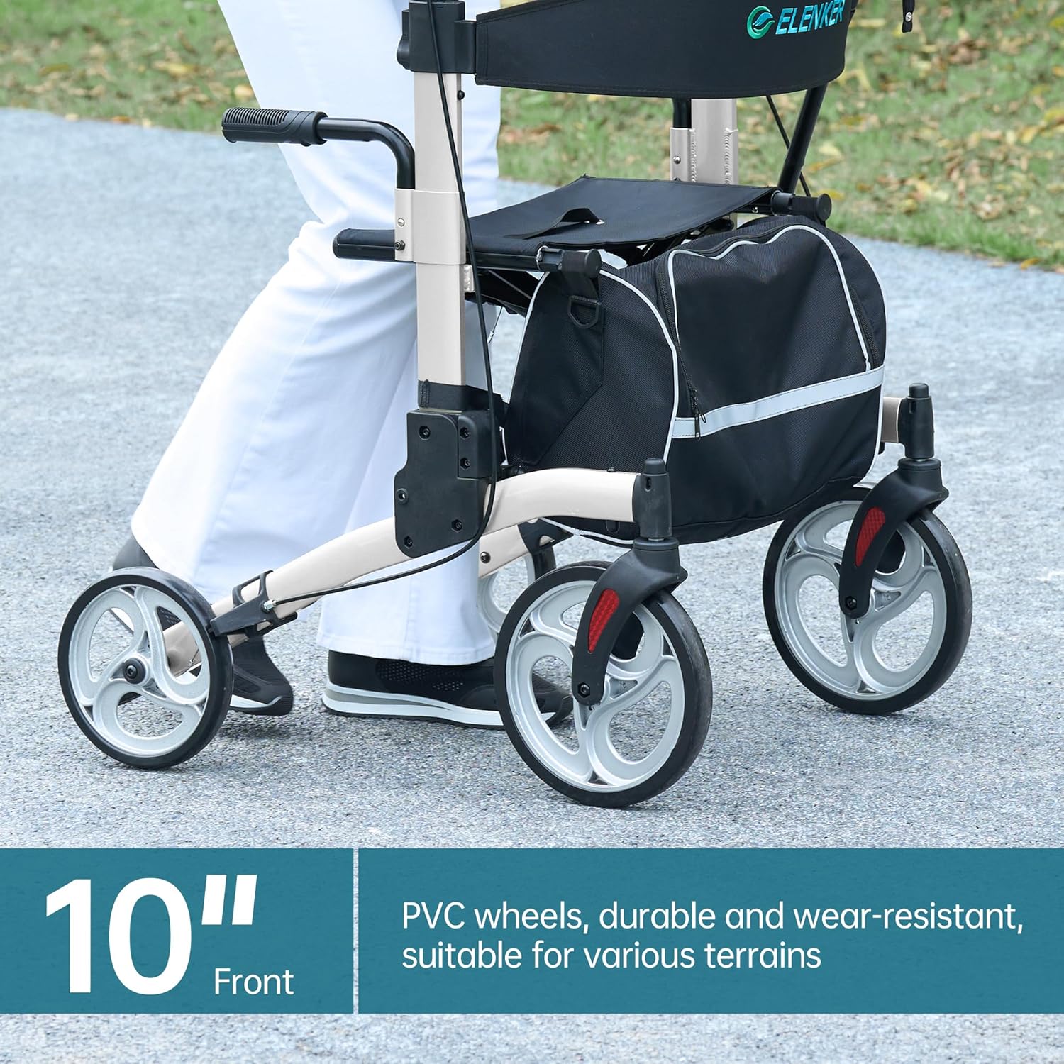 ELENKER Upright Walker Rollator with Folding Seat Backrest and 10 in Wheels

