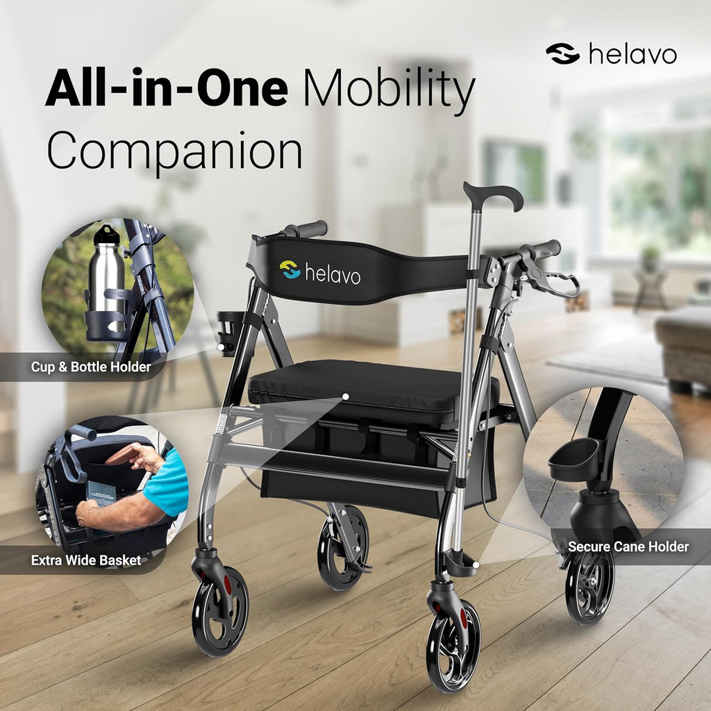 Helavo Bariatric Rollator Walker with Adjustable Seat, 8in Wheels, 550 lb Capacity

