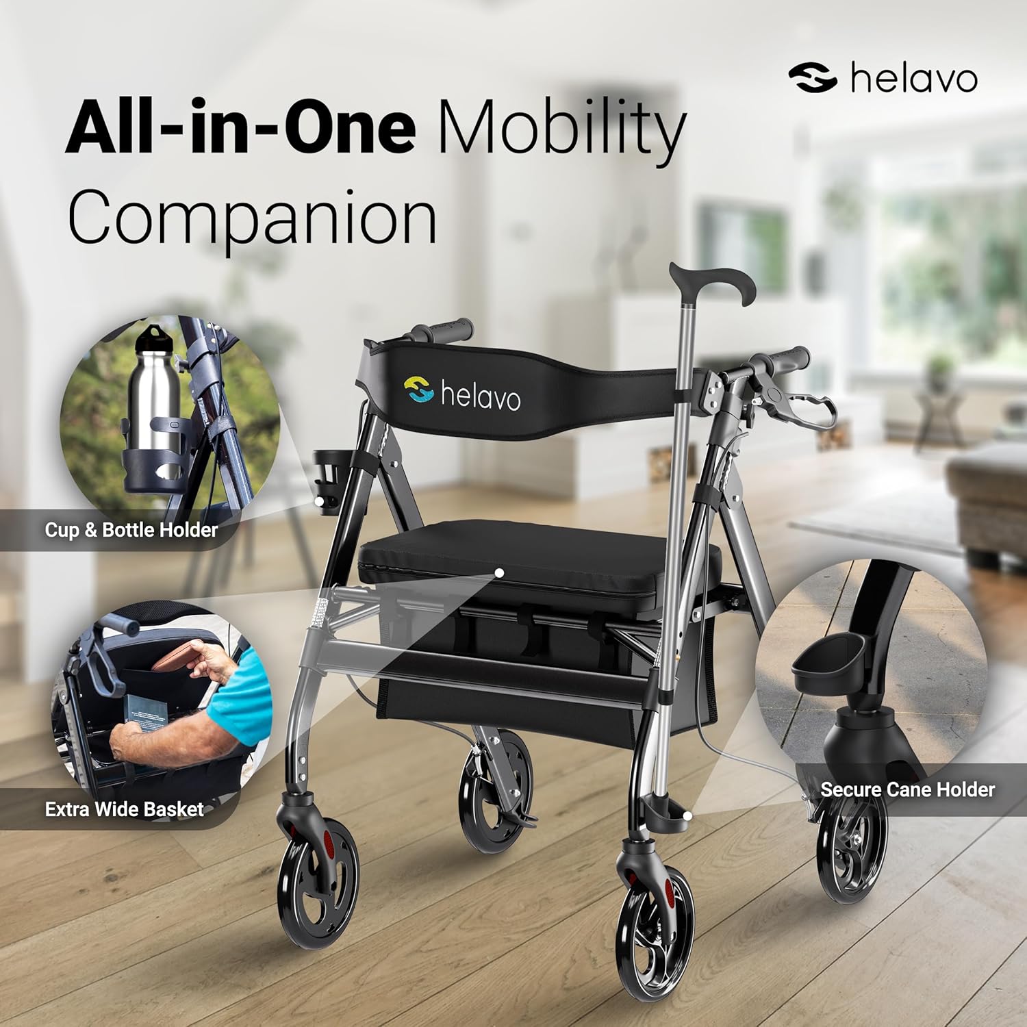Helavo Bariatric Rollator Walker with Adjustable Seat, 8in Wheels, 550 lb Capacity

